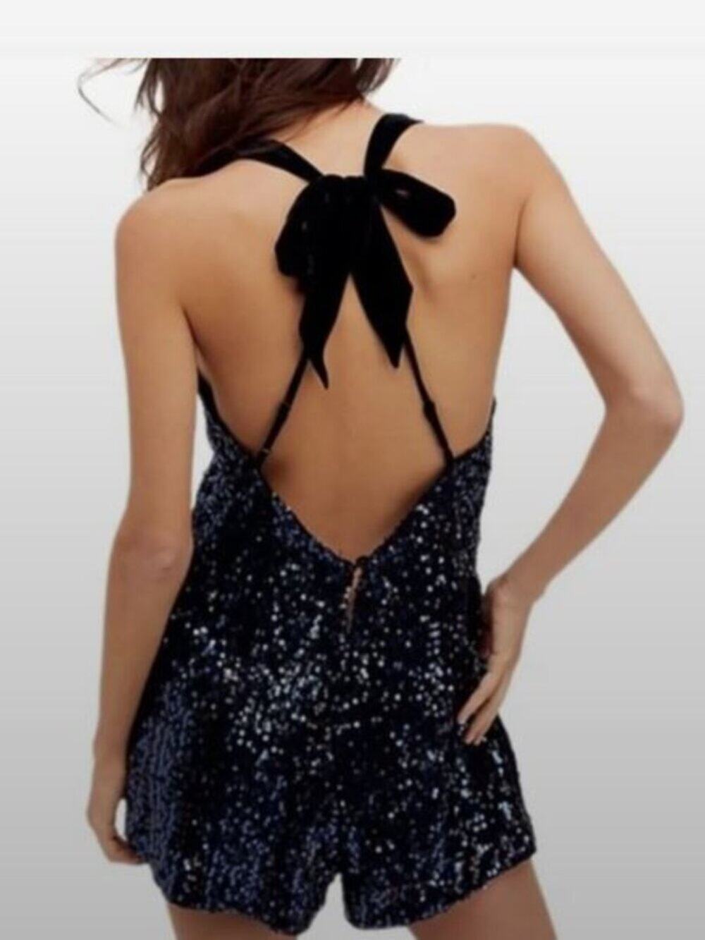 Free People Sequin Sparkle Shine Romper XS Navy Tie Back Y2K Playsuit Micro Mini